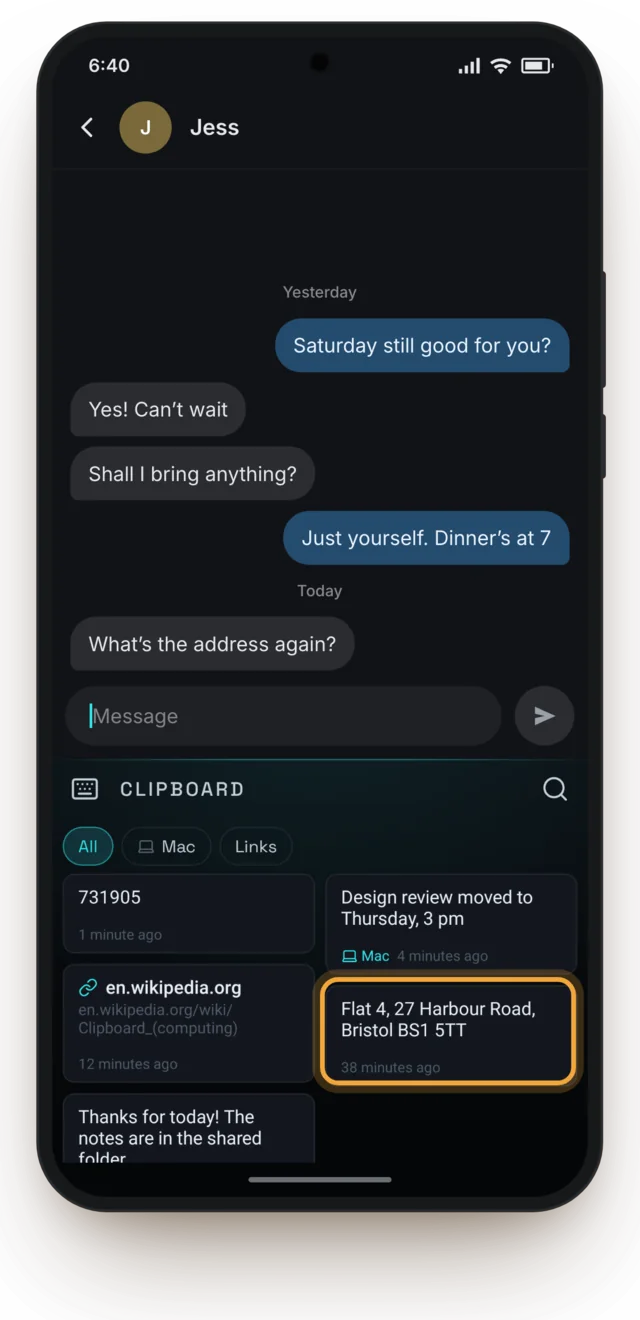 A friend asks for the address for Saturday. Keyey’s clipboard panel shows recent copies, with the address one tap away.