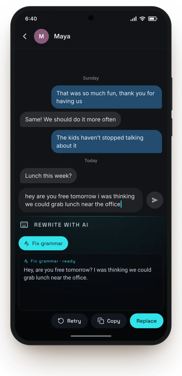 An Android phone with a message typed in a hurry, all lower case. Keyey’s Fix grammar panel shows it with capitals and punctuation, ready to replace.