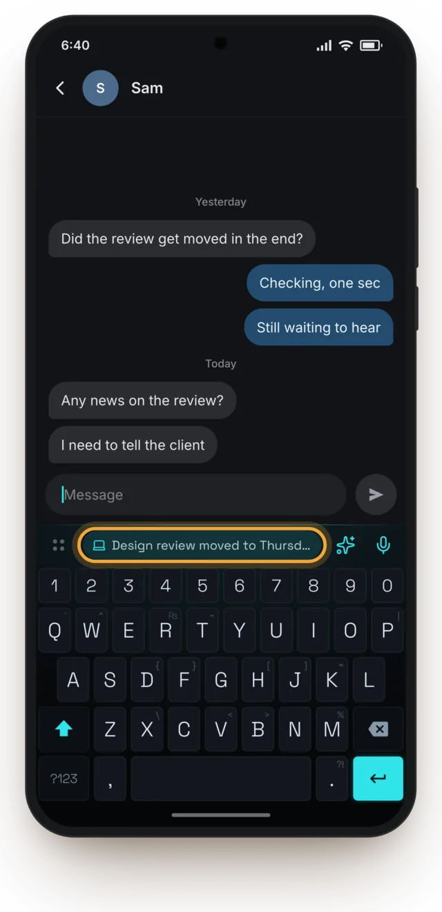 An Android phone with Keyey’s keyboard offering a note just copied on a Mac, “Design review moved to Thursday”, above the keys.