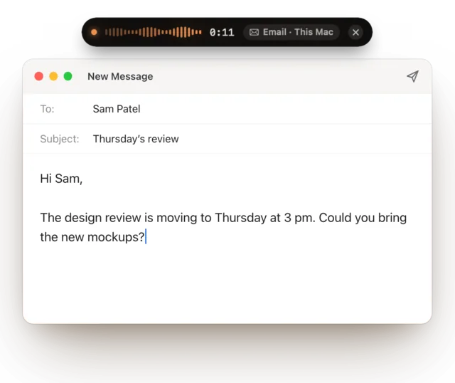 An email half written on a Mac, with Keyey’s dictation pill at the top showing it is listening in Email mode.