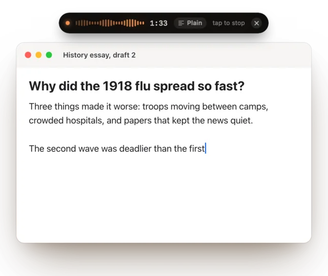 An essay draft open on a Mac, with Keyey’s dictation pill at the top, listening.