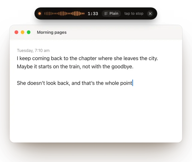 A page of morning notes on a Mac, with Keyey’s dictation pill at the top, listening.