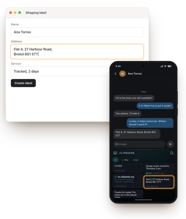 A customer’s address copied on an Android phone, in Keyey’s clipboard, and pasted into a shipping form on a Mac.