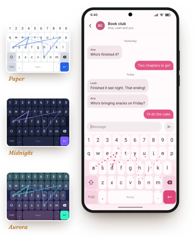 Keyey’s keyboard in the Sakura theme on an Android phone, with the Paper, Midnight and Aurora themes beside it.